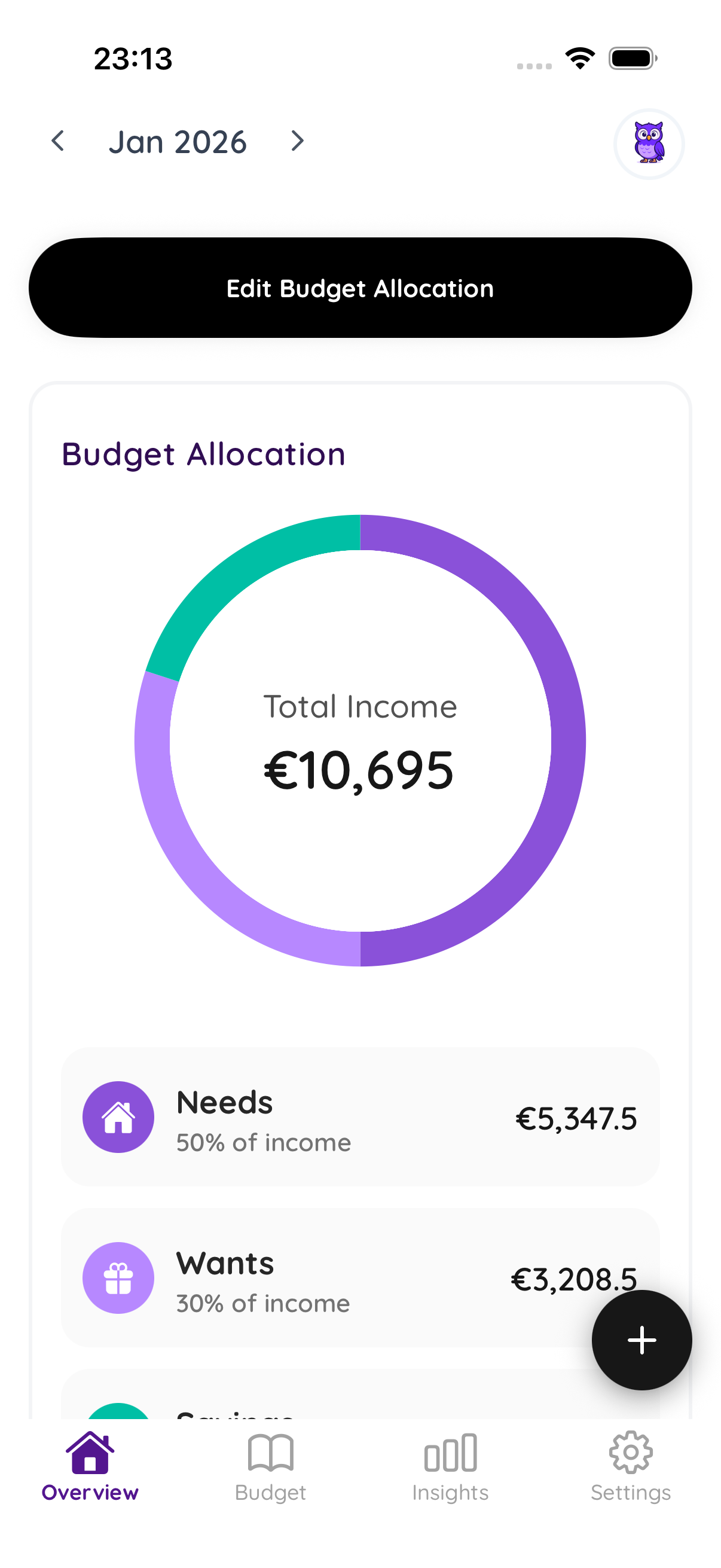 Wallyo app home screen showing Needs, Wants, and Savings