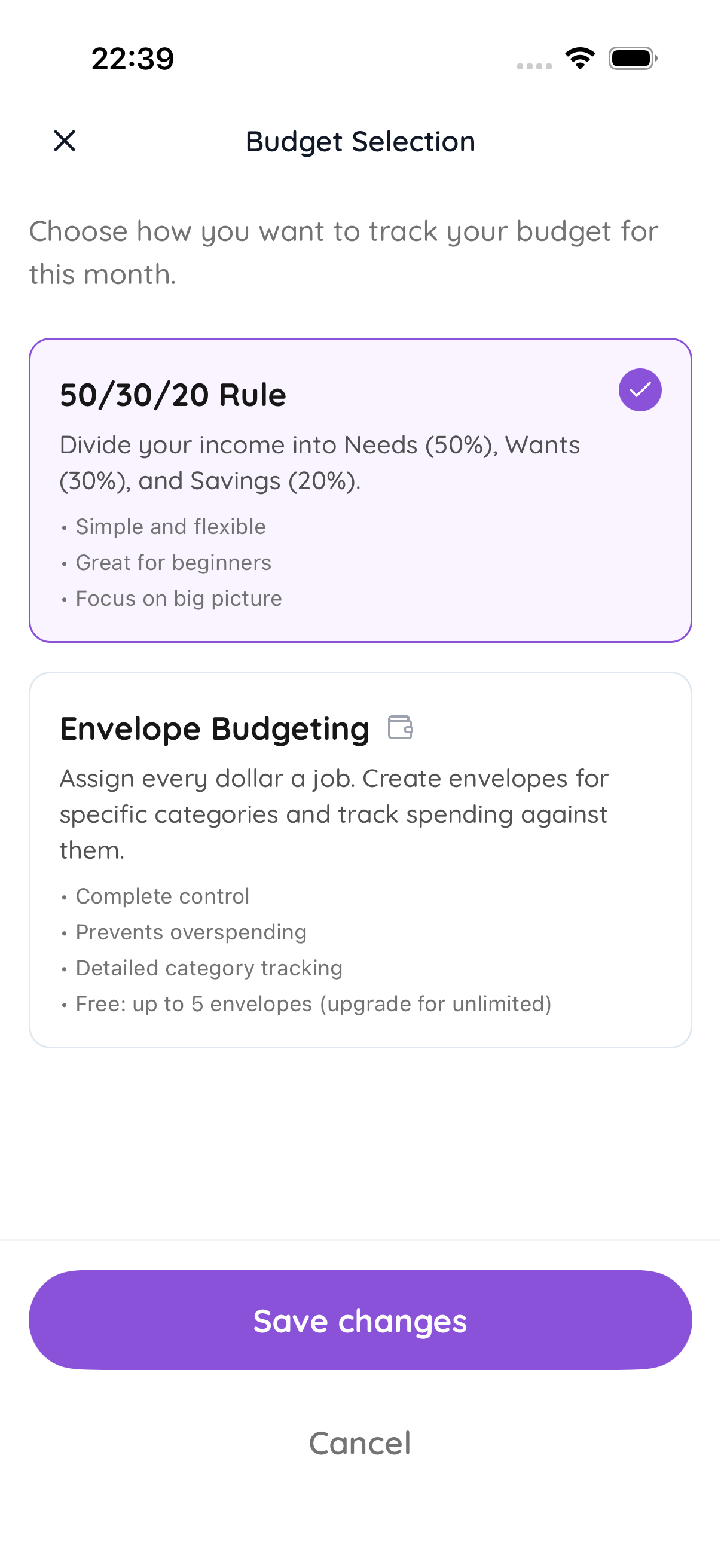 Wallyo envelope and 50/30/20 budget modes