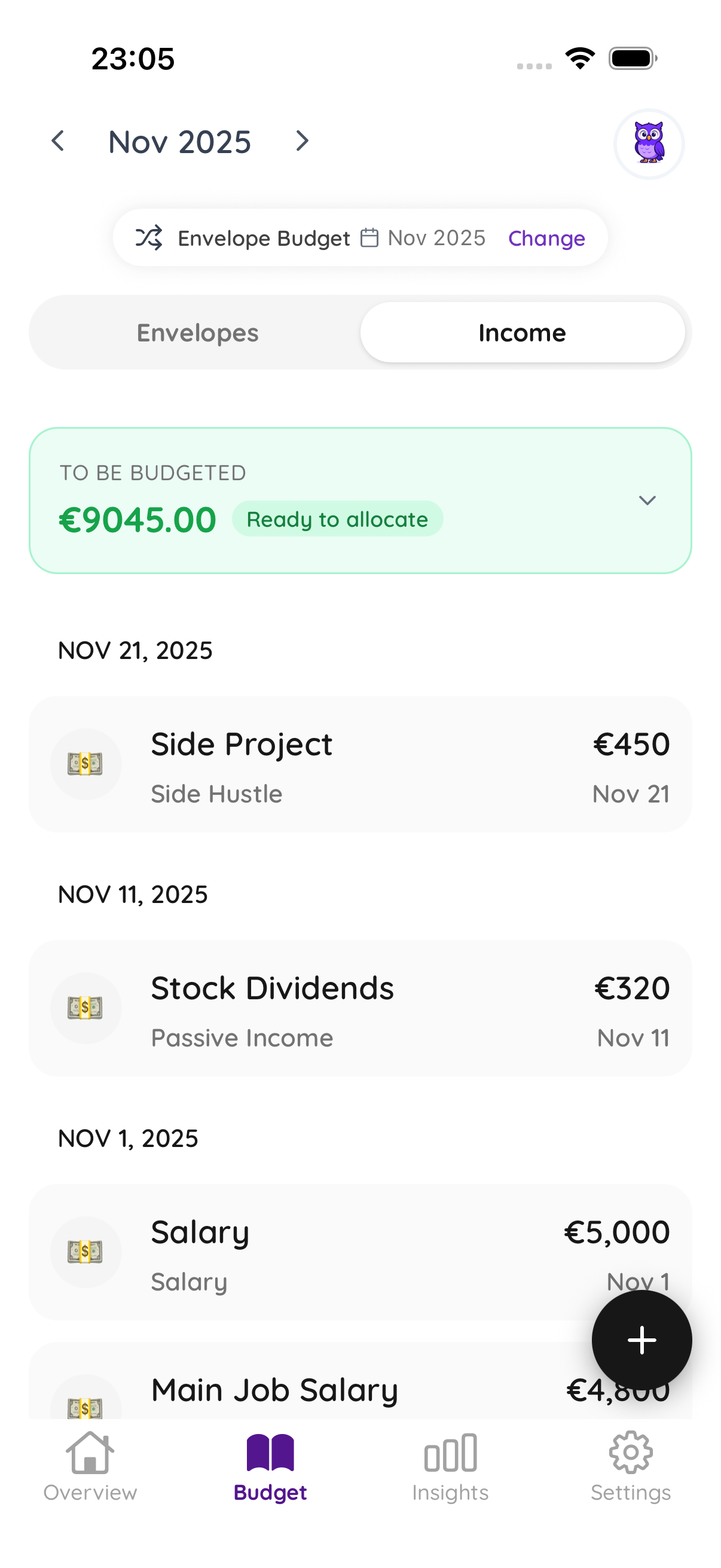 Wallyo income and budget screen