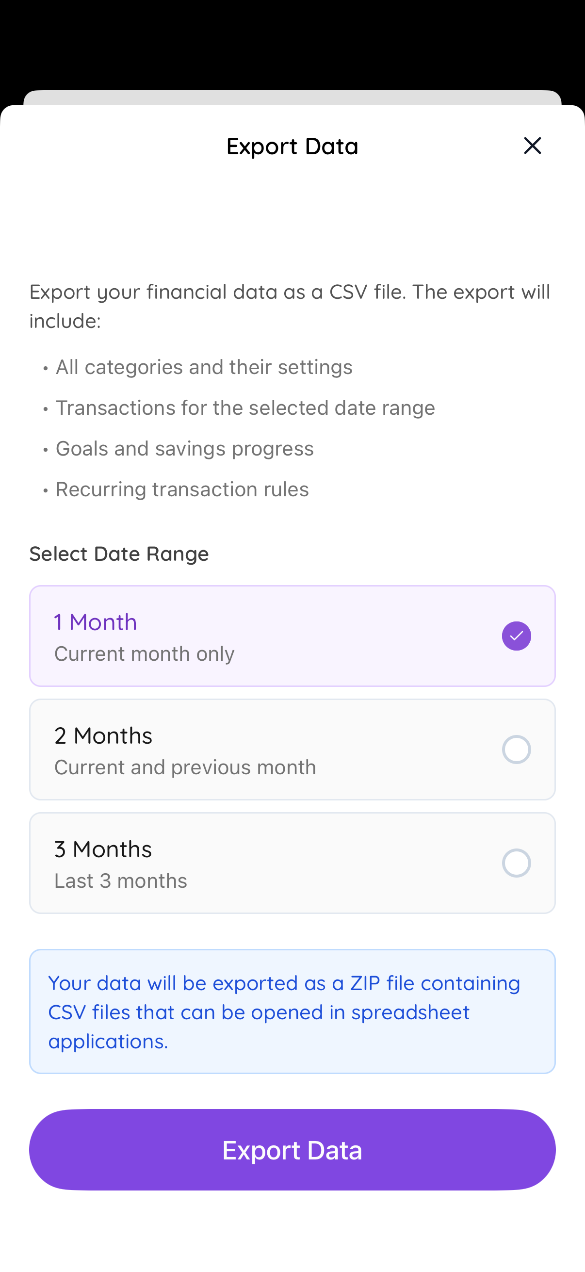 Wallyo export data screen