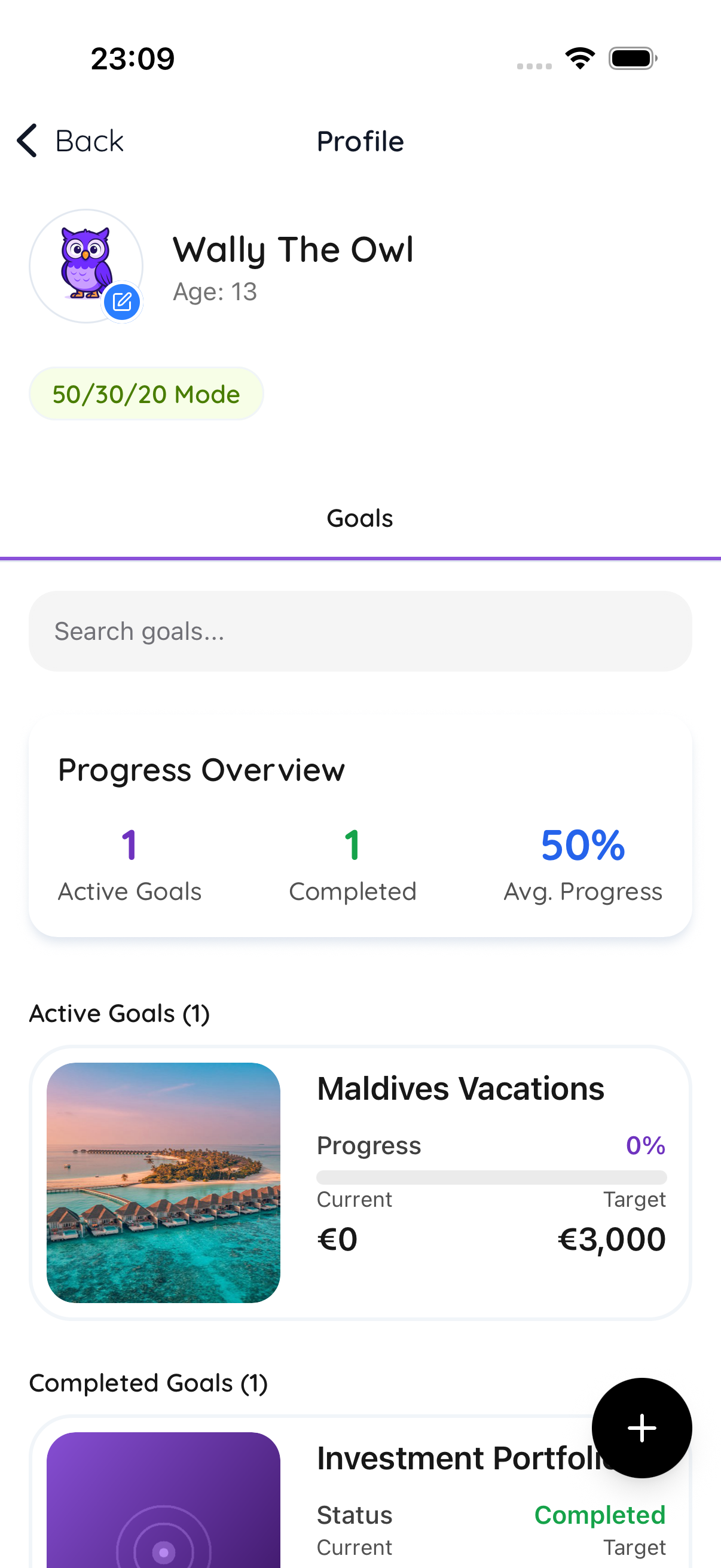 Wallyo savings goals screen